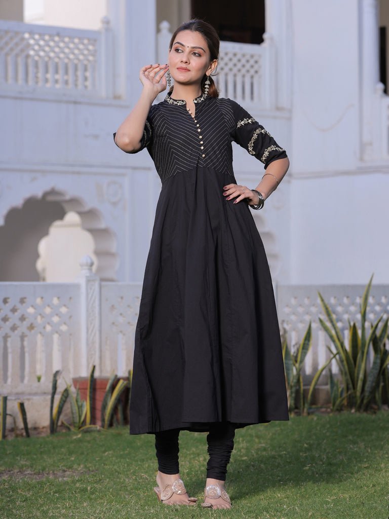 Black & Gold Anarkali Cotton Chanderi Suit Set - DWEEP SARA