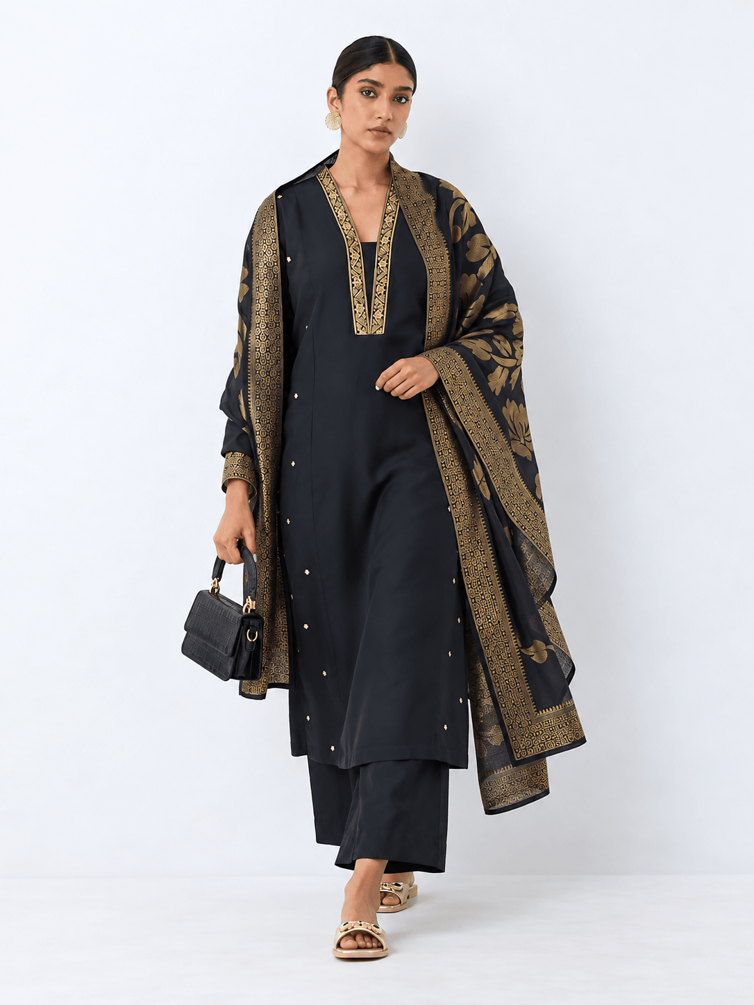 Black & Gold Embroidered A-Line Kurta Set with Floral Dupatta - DWEEP SARA
