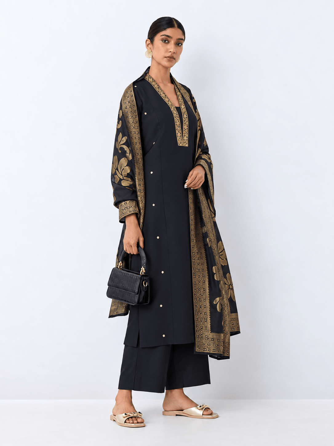 Black & Gold Embroidered A-Line Kurta Set with Floral Dupatta - DWEEP SARA
