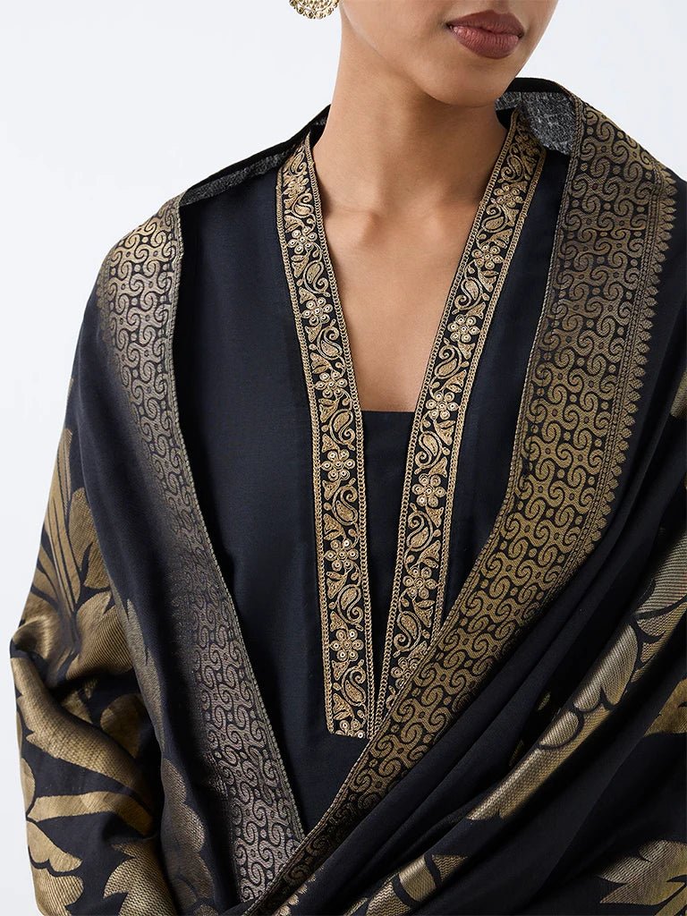 Black & Gold Embroidered A-Line Kurta Set with Floral Dupatta - DWEEP SARA