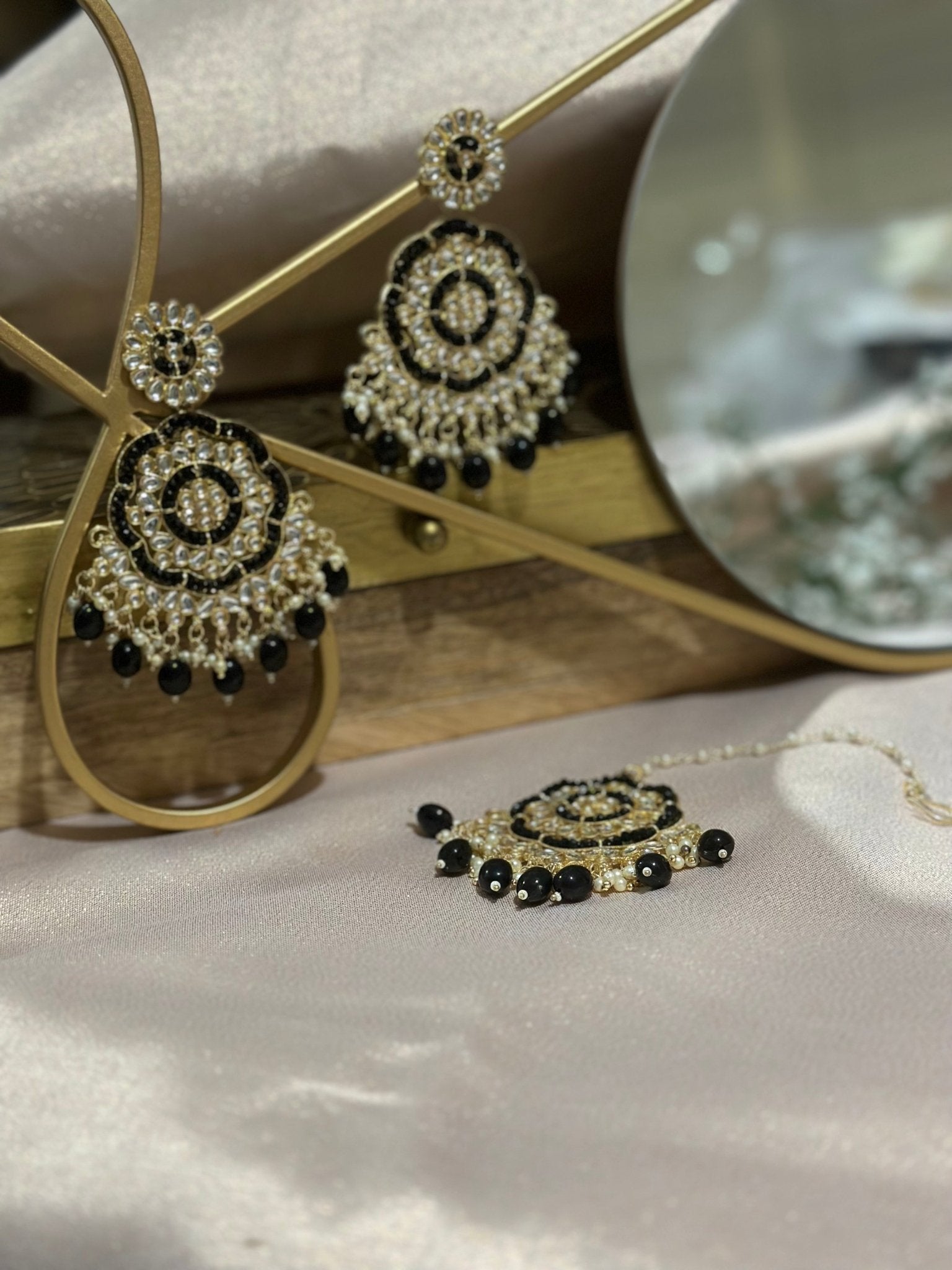Black Gold Finished Kundan Earrings Tikka Set - DWEEP SARA
