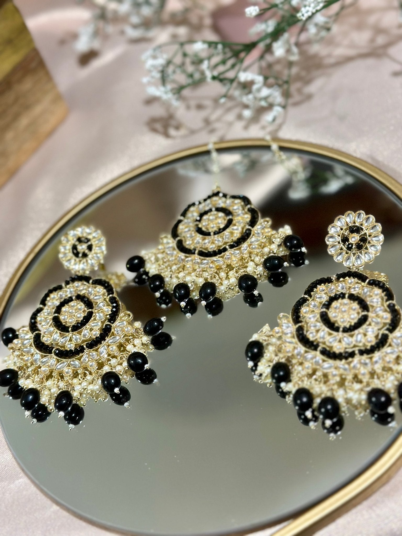 Black Gold Finished Kundan Earrings Tikka Set - DWEEP SARA