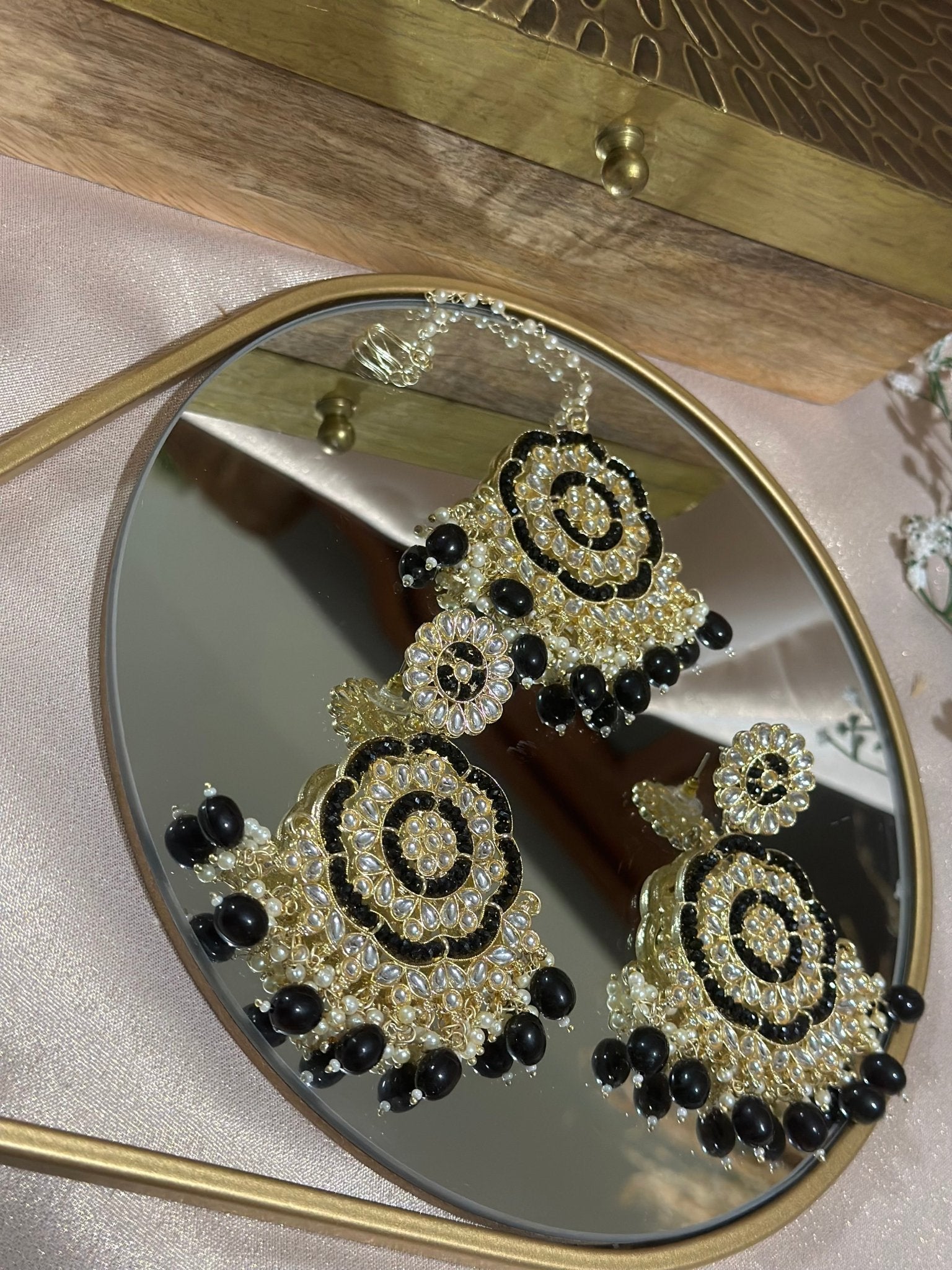Black Gold Finished Kundan Earrings Tikka Set - DWEEP SARA