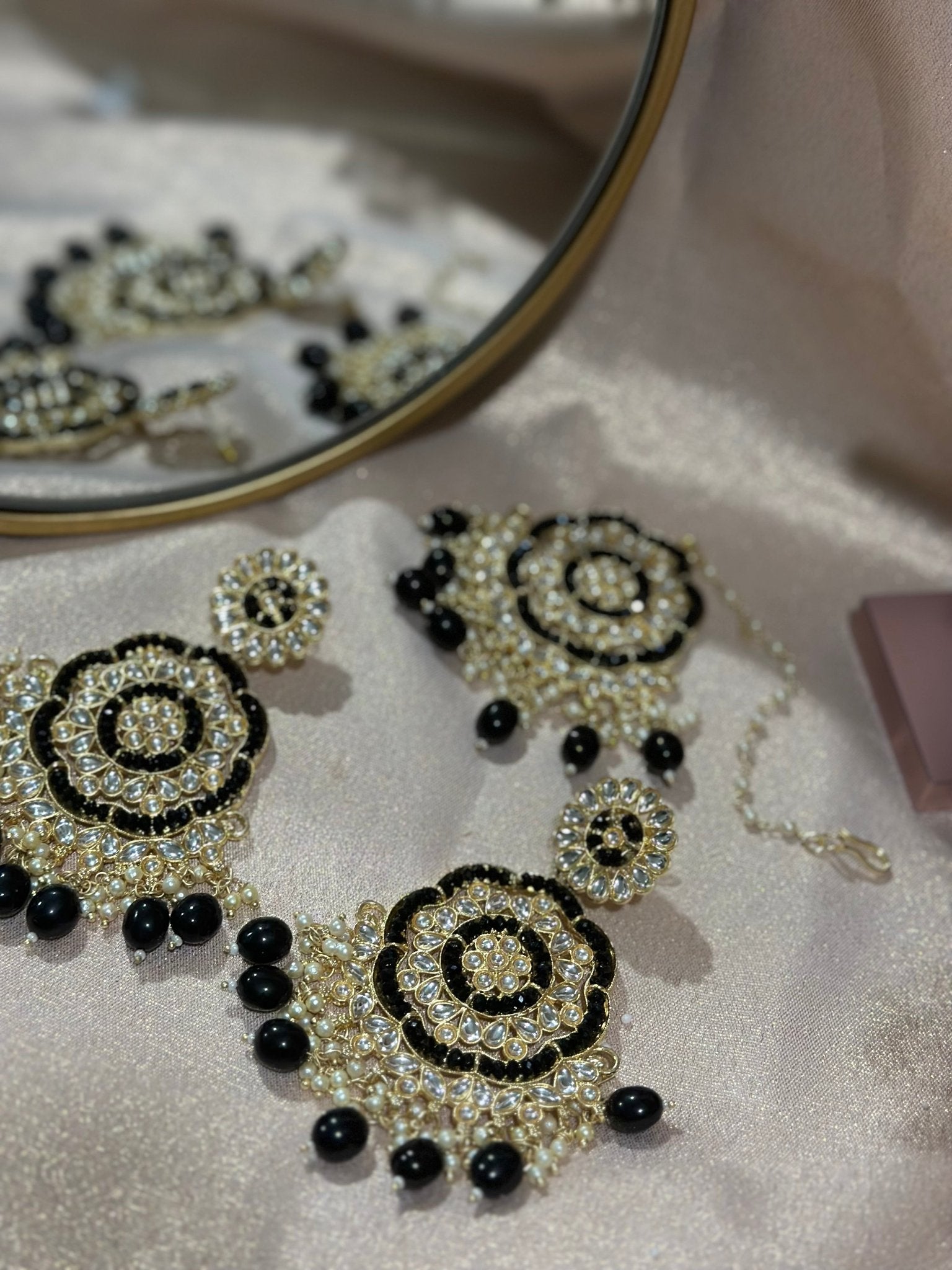 Black Gold Finished Kundan Earrings Tikka Set - DWEEP SARA