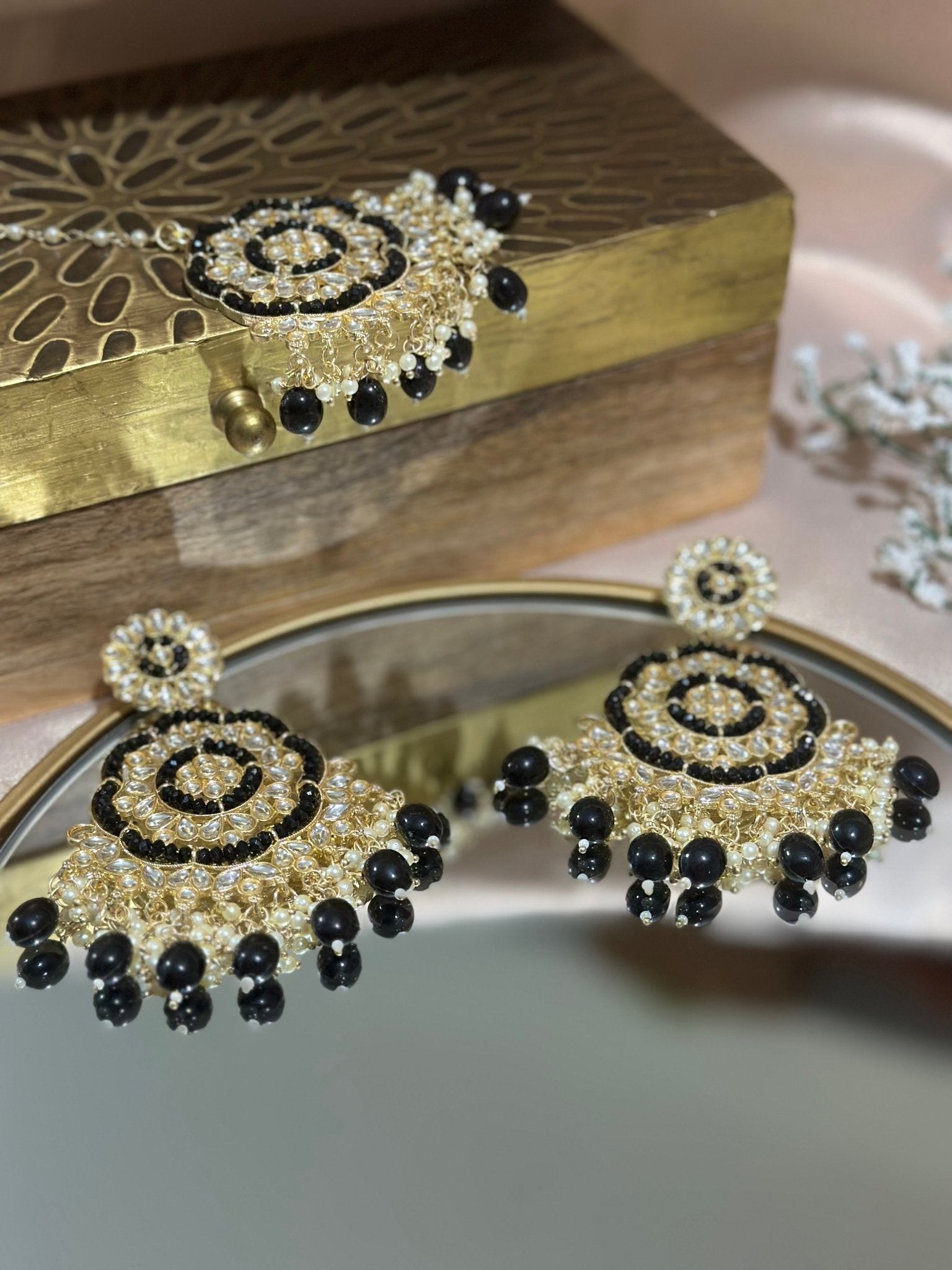 Black Gold Finished Kundan Earrings Tikka Set - DWEEP SARA