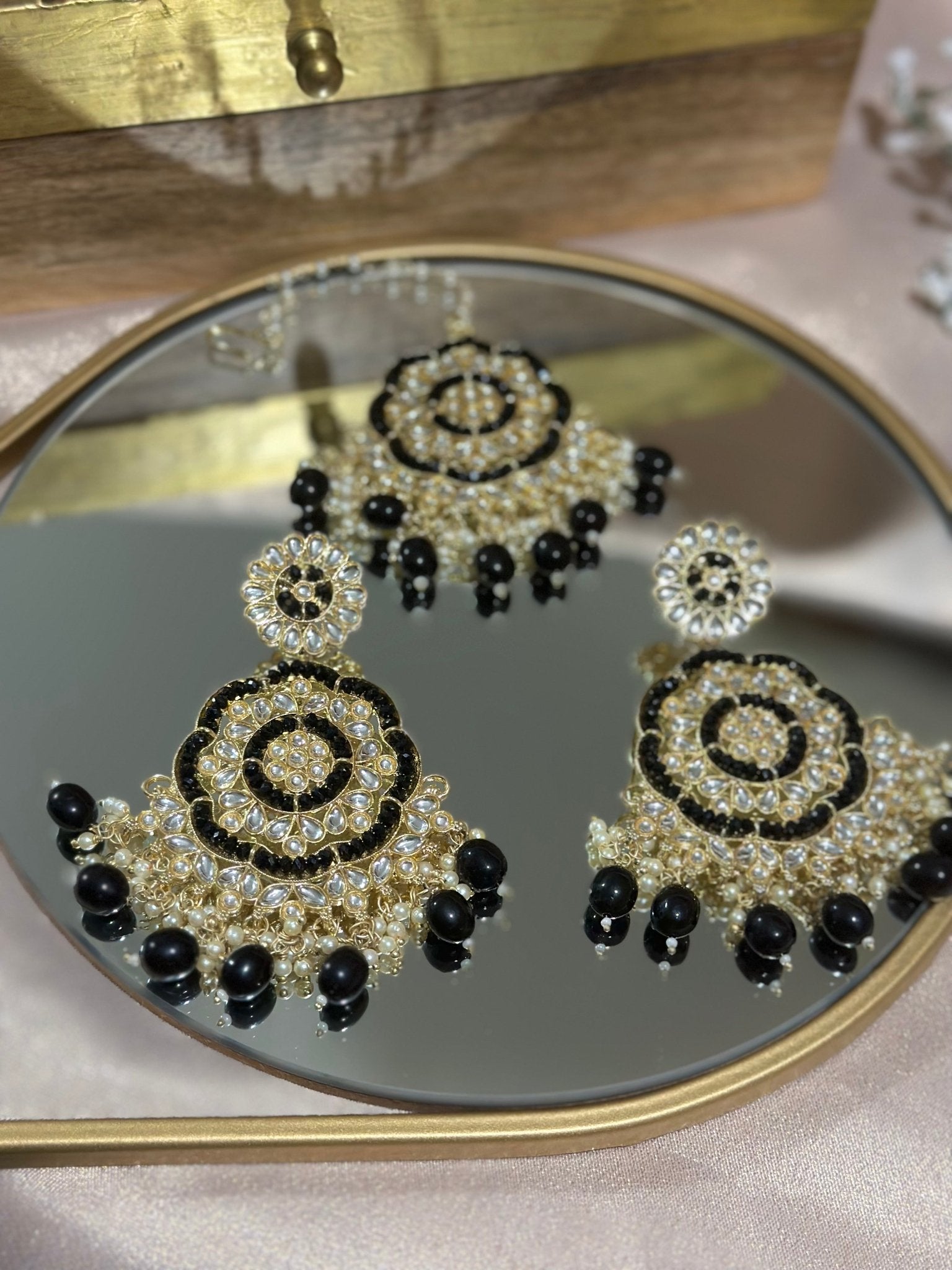 Black Gold Finished Kundan Earrings Tikka Set - DWEEP SARA