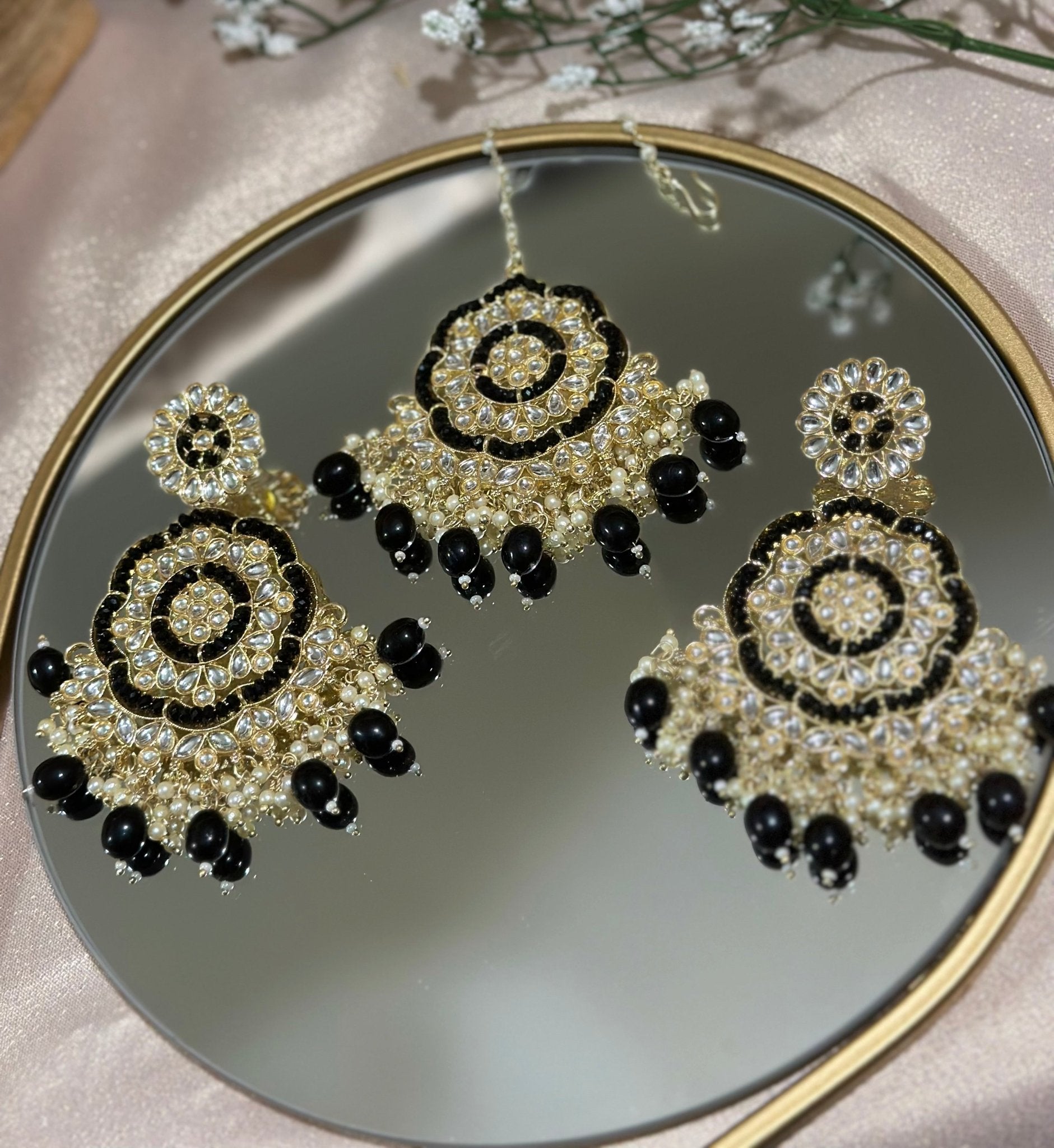 Black Gold Finished Kundan Earrings Tikka Set - DWEEP SARA