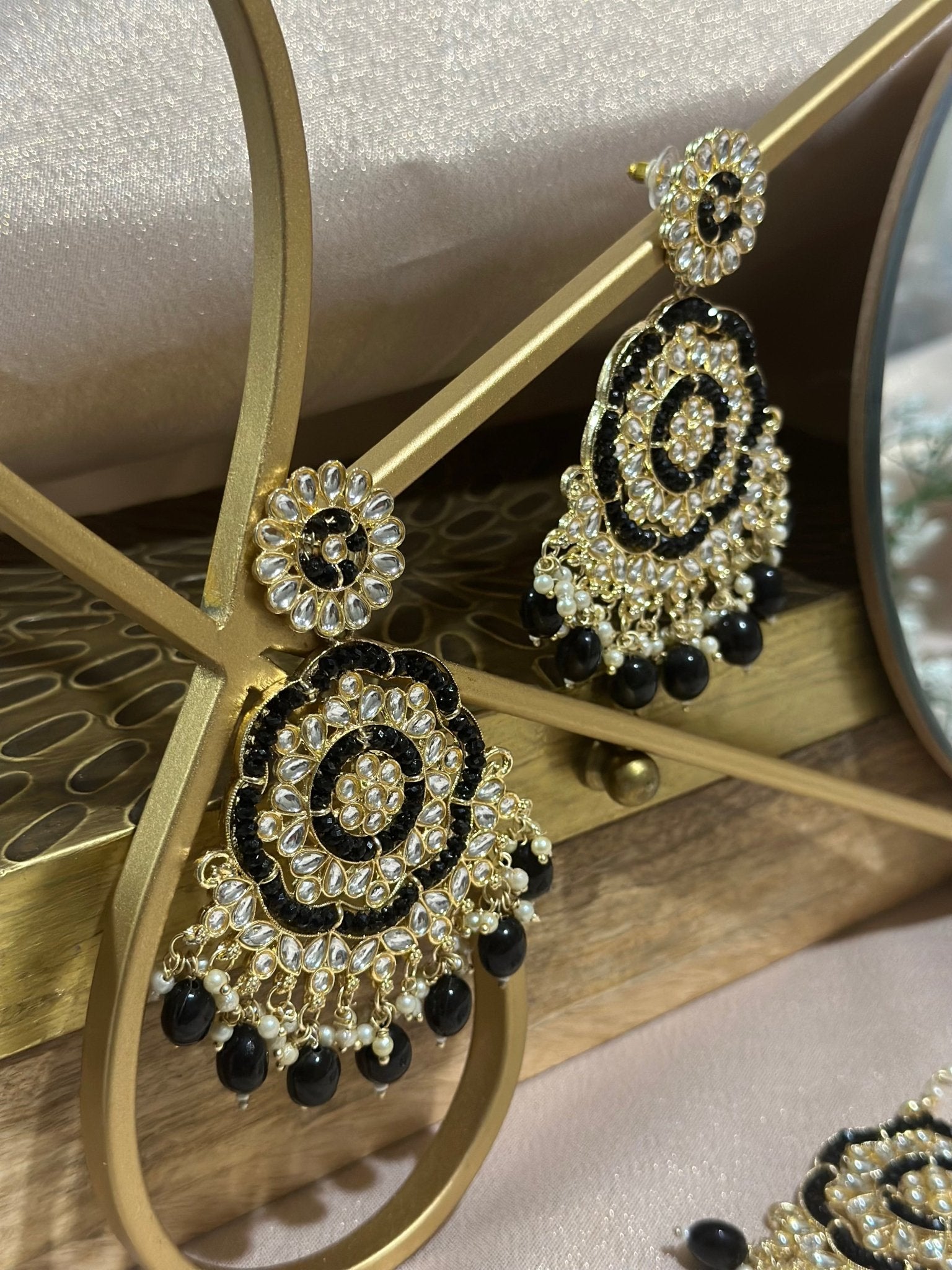 Black Gold Finished Kundan Earrings Tikka Set - DWEEP SARA