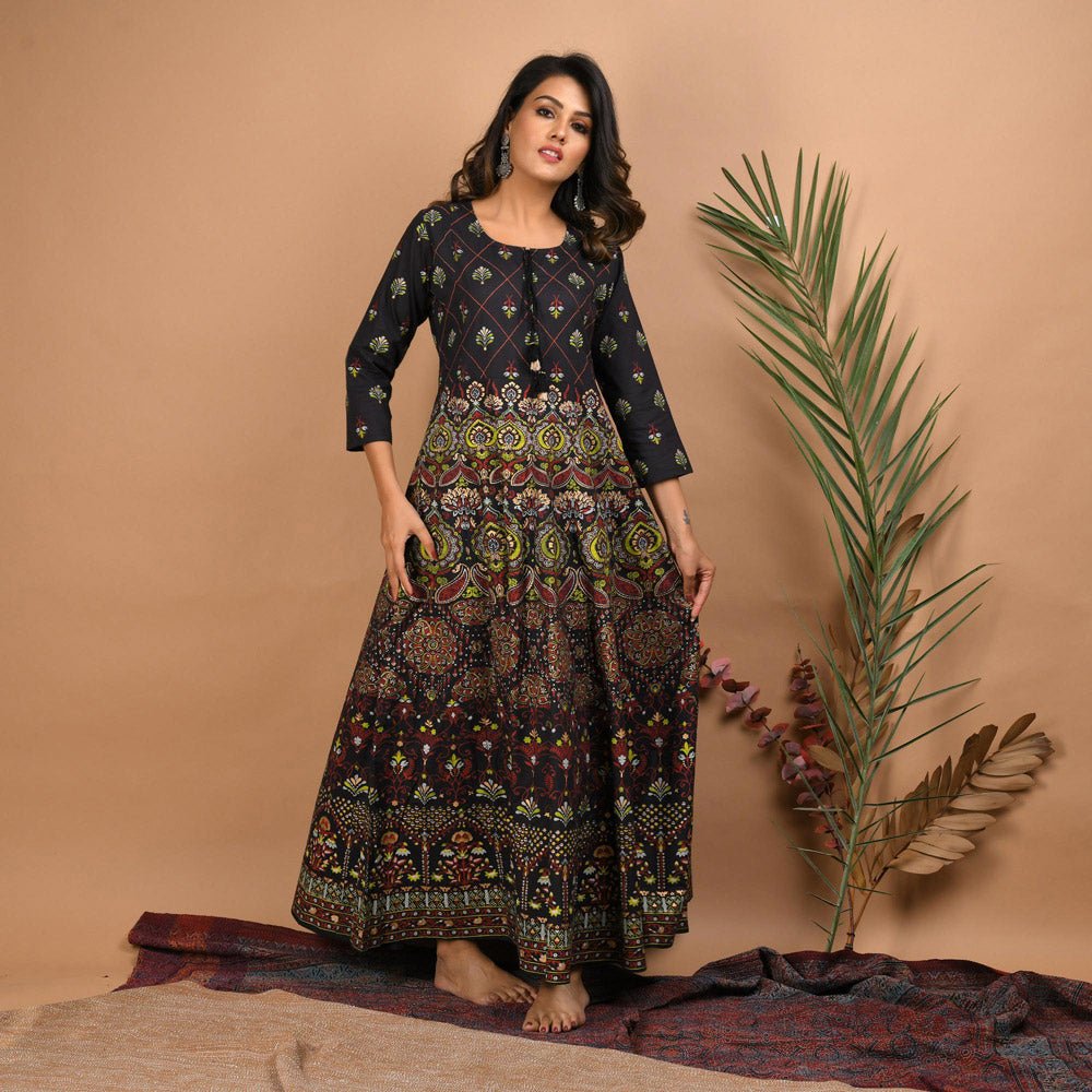 Black Gold Printed Ethnic Dress - DWEEP SARA