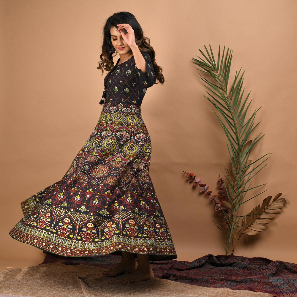 Black Gold Printed Ethnic Dress - DWEEP SARA