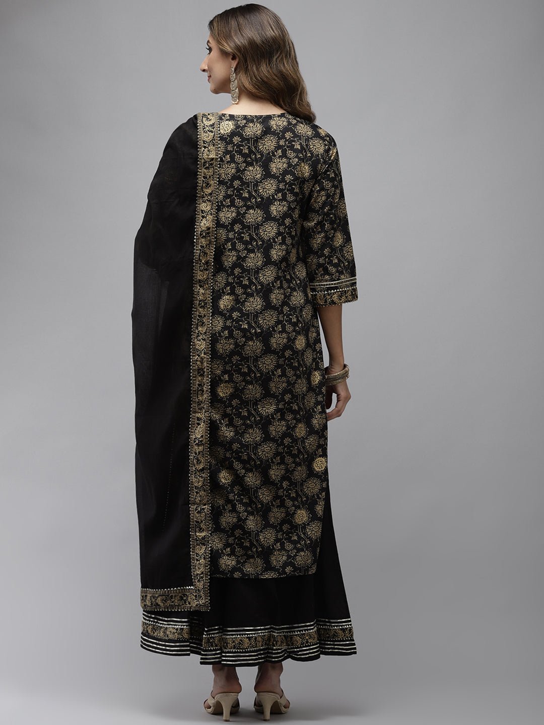 Black Printed A - Line Embroidered Kurta Plazzo Set - DWEEP SARA