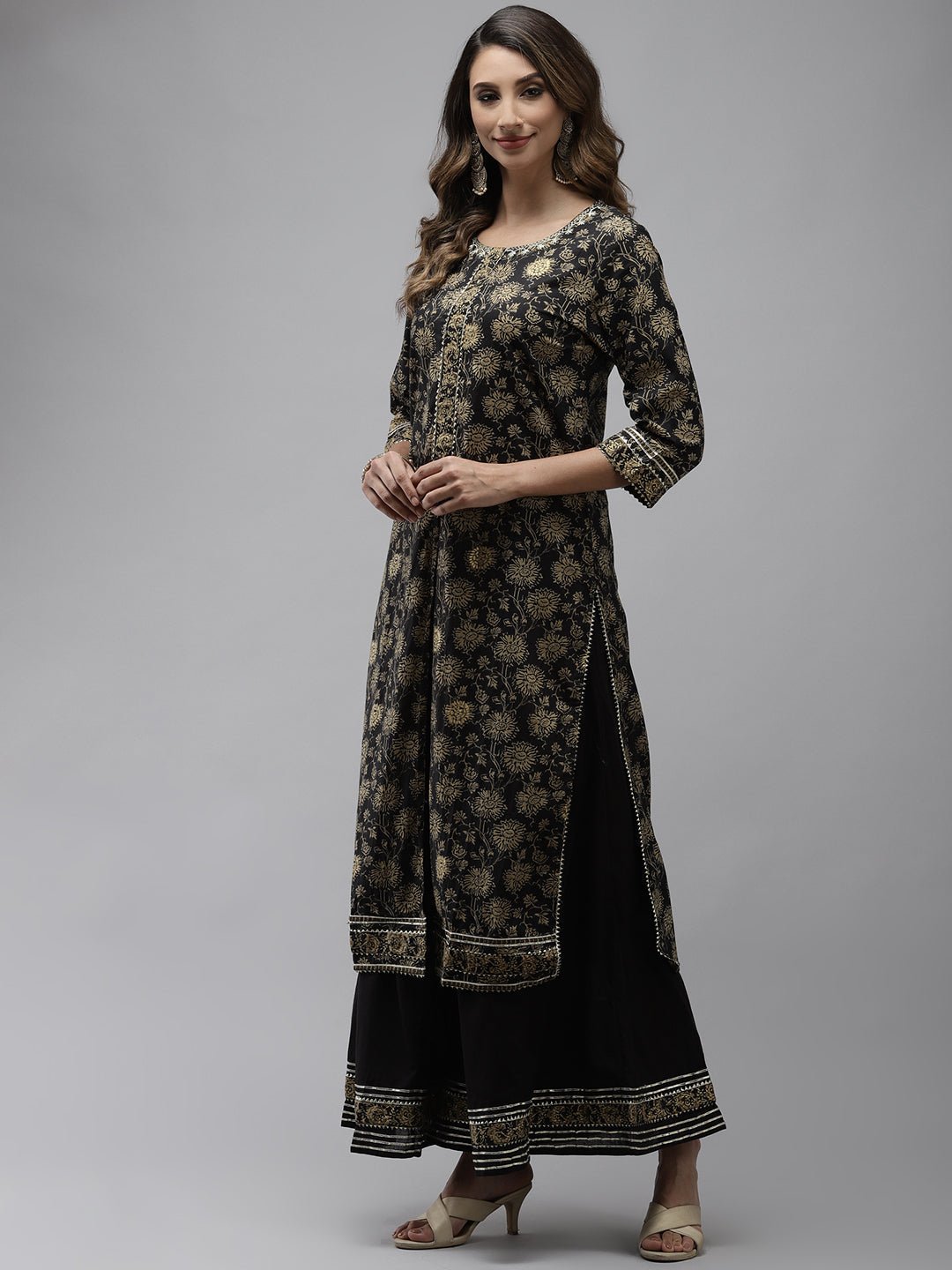 Black Printed A - Line Embroidered Kurta Plazzo Set - DWEEP SARA