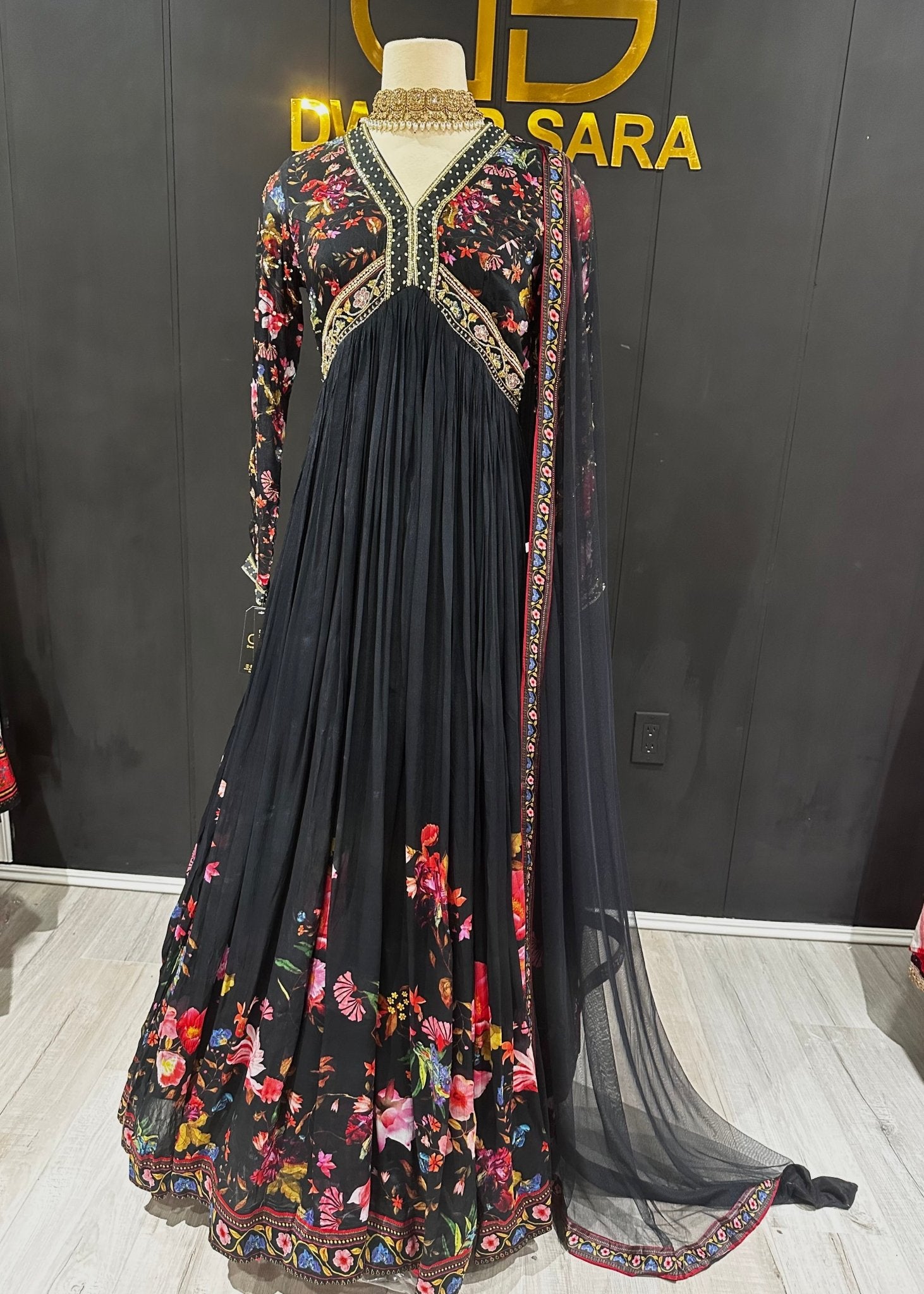 Black Printed Embroidered Anarkali Suit Set - DWEEP SARA