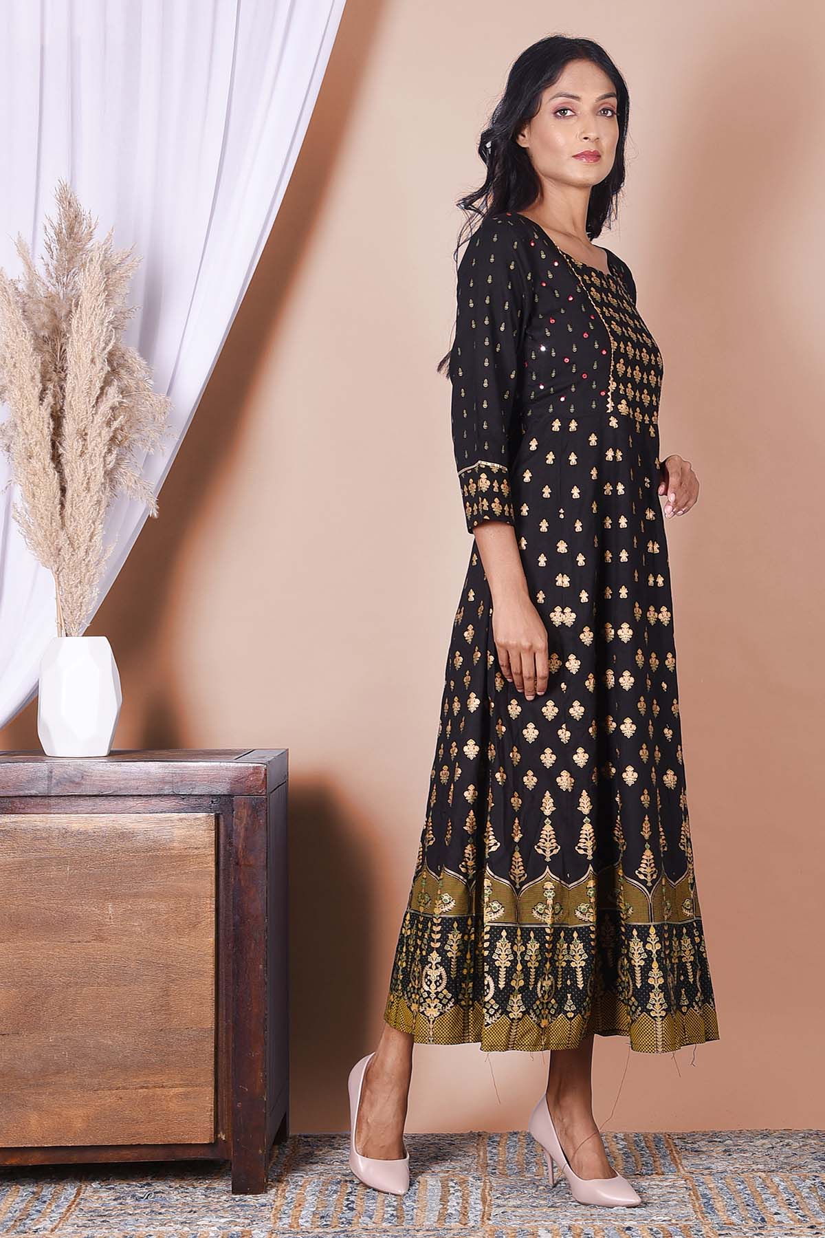 Black Rayon Gold Printed Dress - DWEEP SARA