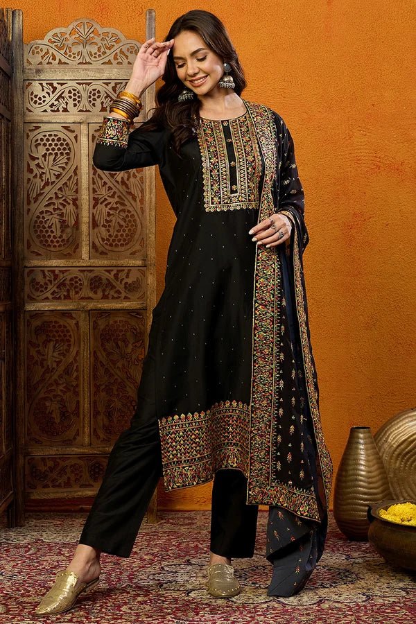 Black Silk Blend Embroidered Solid Straight Suit Set - DWEEP SARA