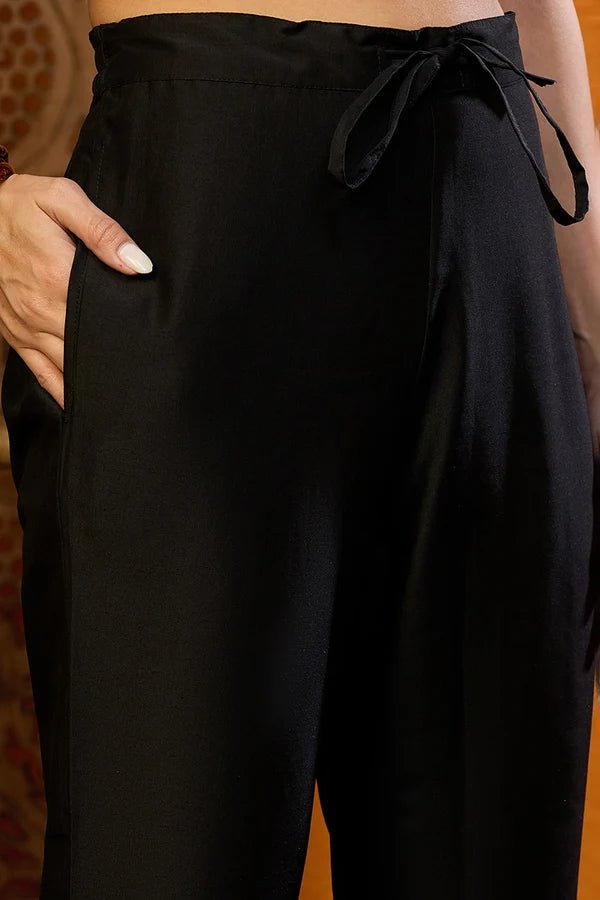 Black Silk Blend Embroidered Solid Straight Suit Set - DWEEP SARA