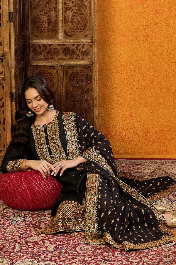 Black Silk Blend Embroidered Solid Straight Suit Set - DWEEP SARA