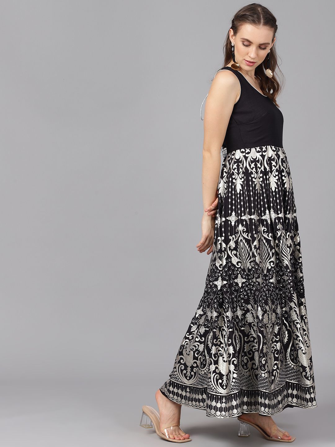 Black & Silver Flared Silk Maxi Dress - DWEEP SARA
