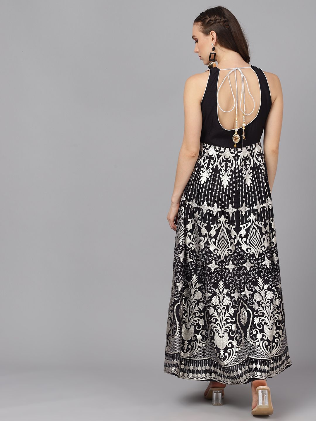 Black & Silver Flared Silk Maxi Dress - DWEEP SARA