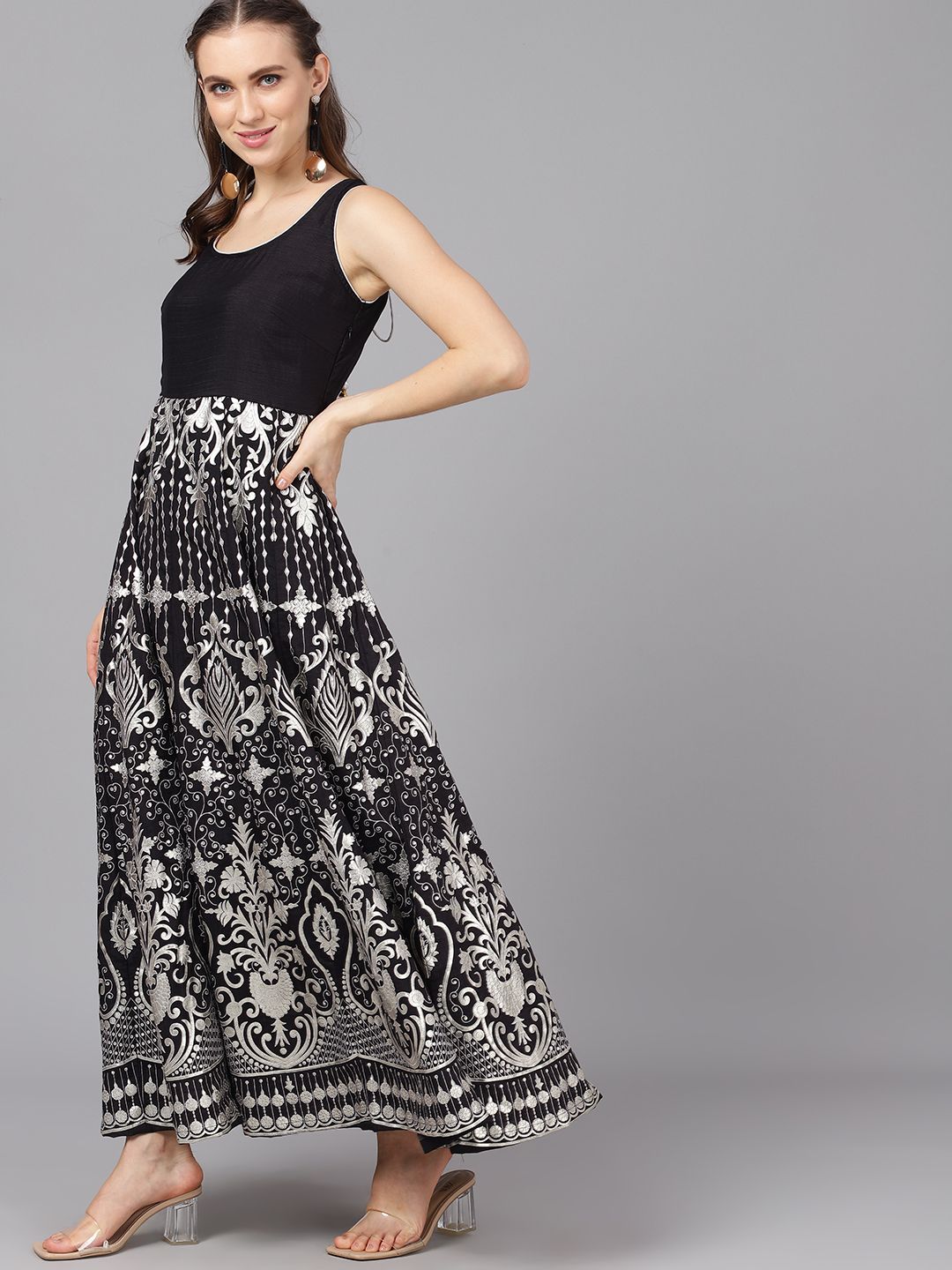 Black & Silver Flared Silk Maxi Dress - DWEEP SARA