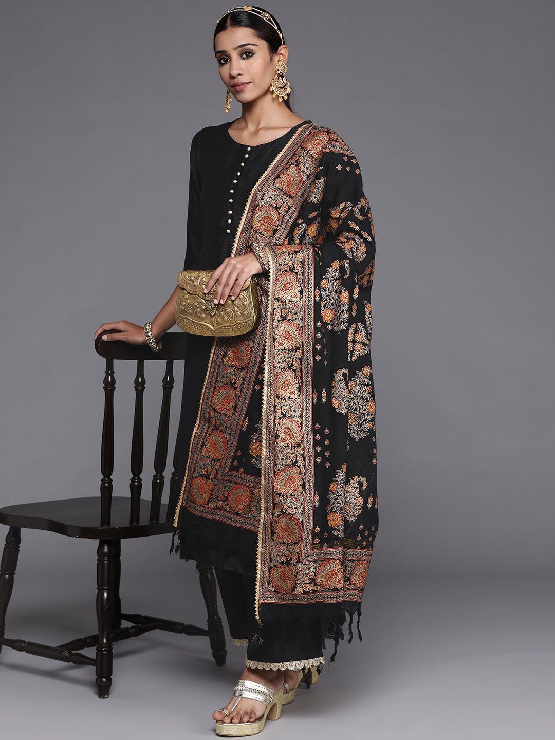 Black Solid Silk Blend Kalamkari Suit Set - DWEEP SARA