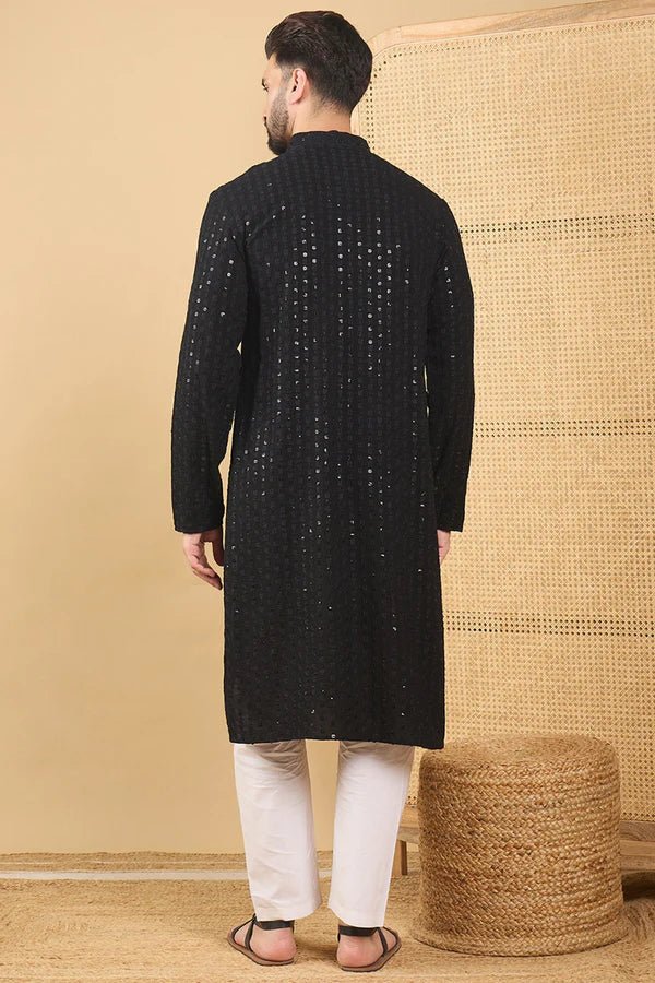 Black Viscose Rayon Solid Embroidered Straight Mens Kurta - DWEEP SARA