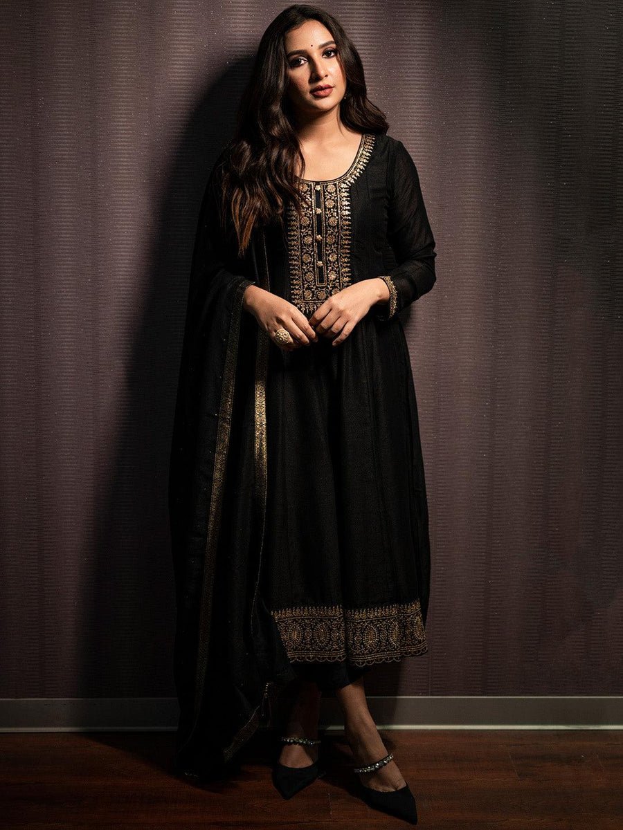 Black yoke Design Silk Blend Anarkali Suit Set - DWEEP SARA