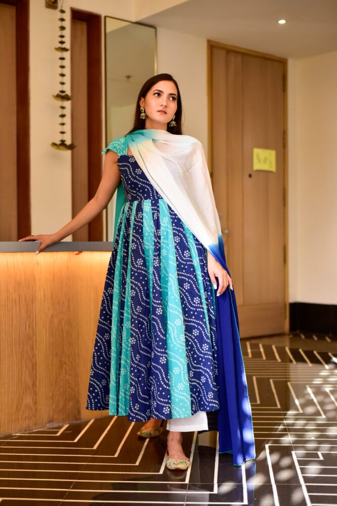 BLUE BANDHEJ ANARKALI PRINTED SUIT SET - DWEEP SARA