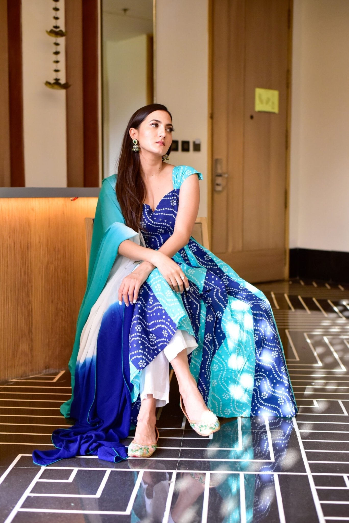 BLUE BANDHEJ ANARKALI PRINTED SUIT SET - DWEEP SARA