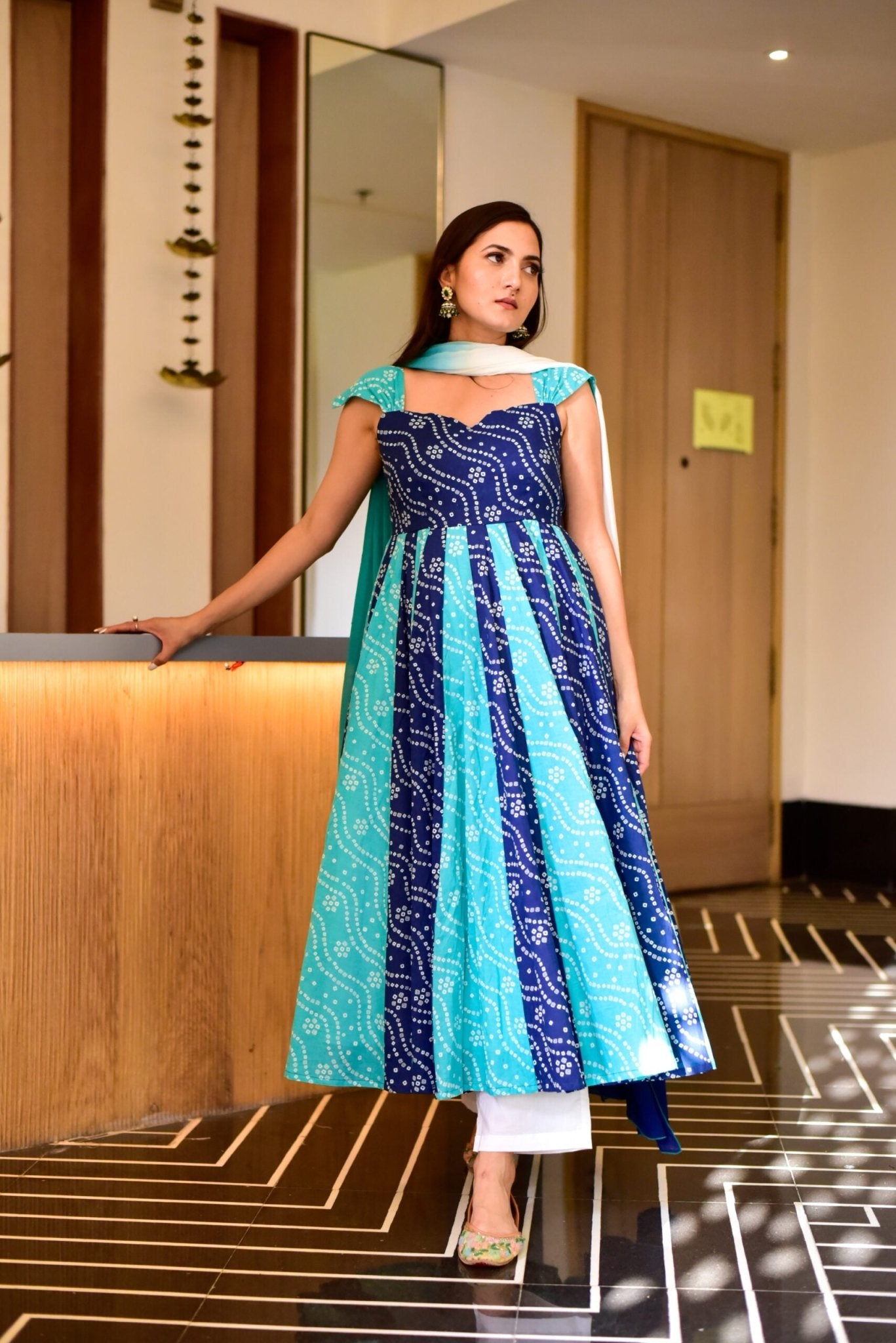 BLUE BANDHEJ ANARKALI PRINTED SUIT SET - DWEEP SARA