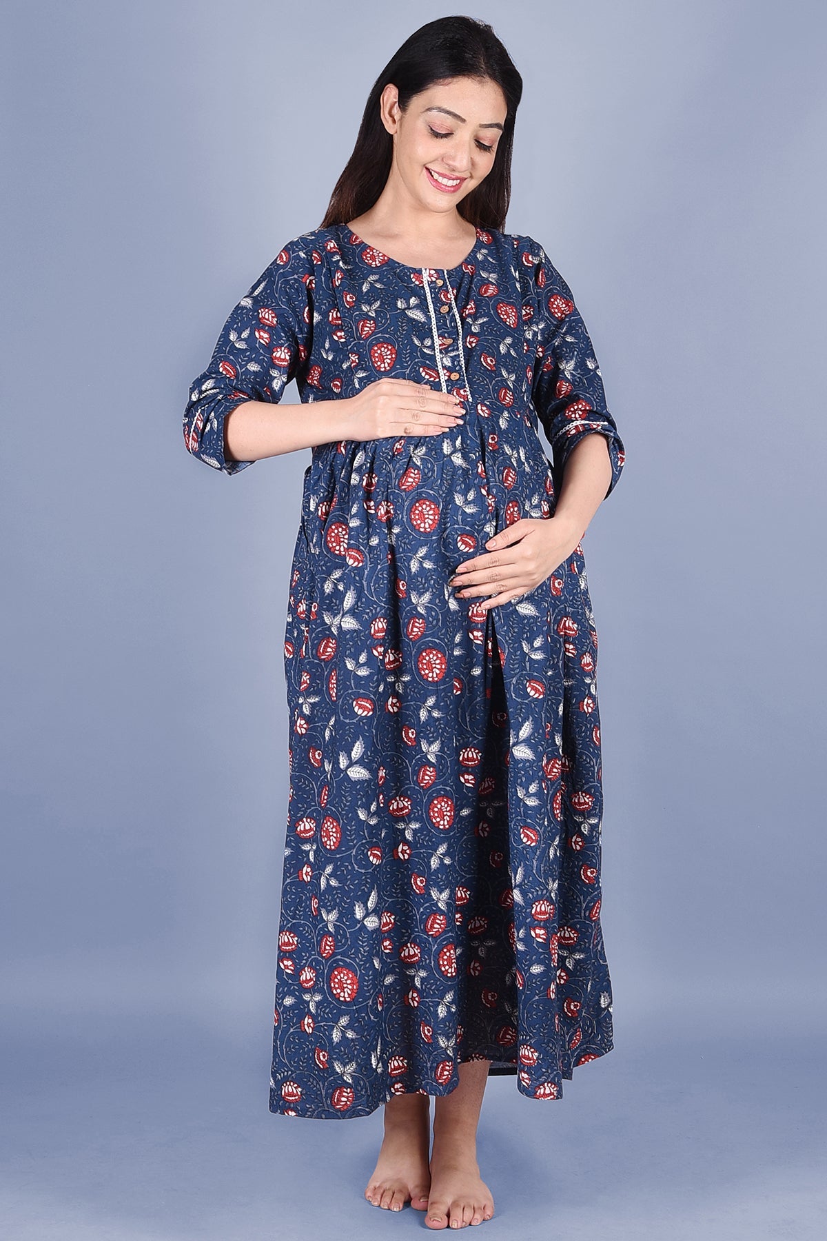 Blue Block Printed Maternity Dress - DWEEP SARA