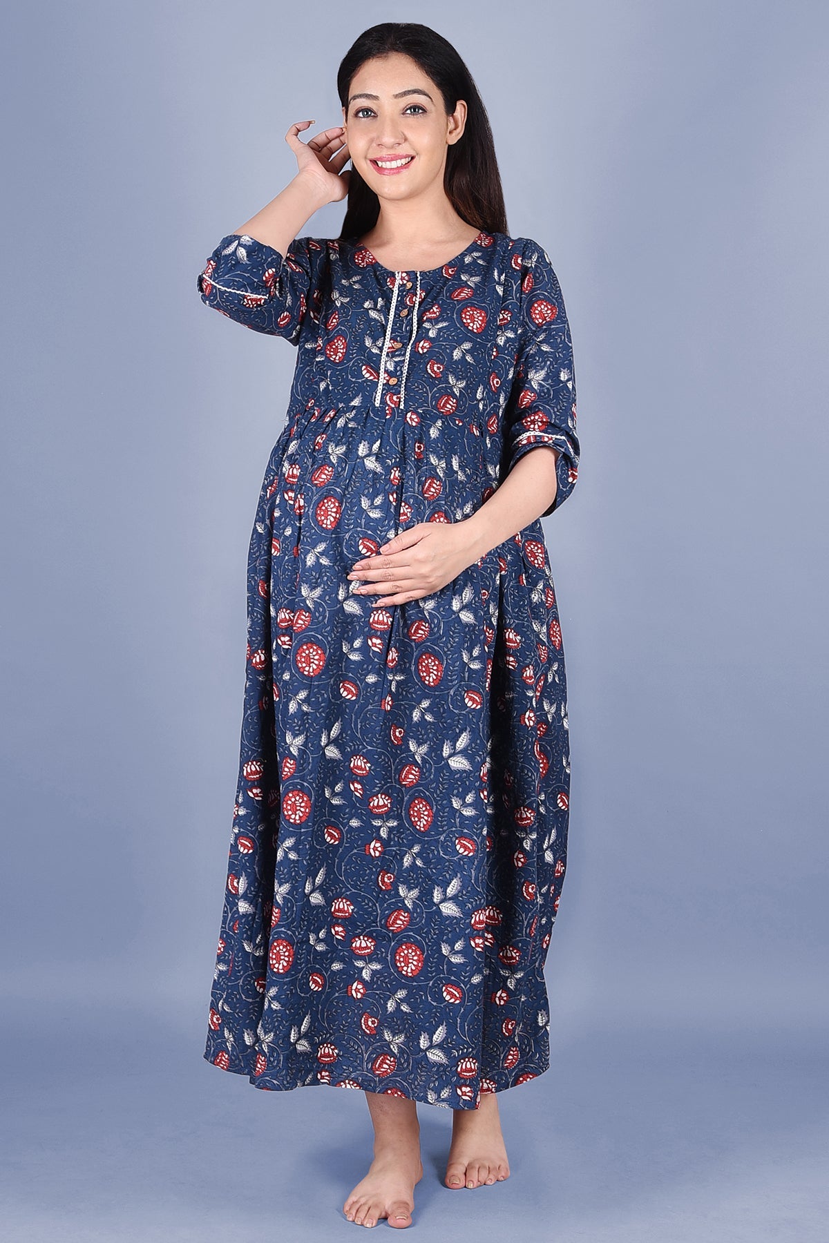 Blue Block Printed Maternity Dress - DWEEP SARA