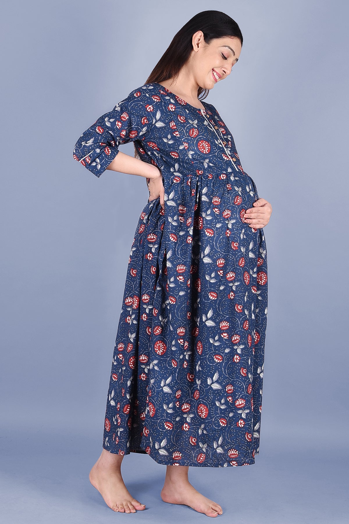 Blue Block Printed Maternity Dress - DWEEP SARA