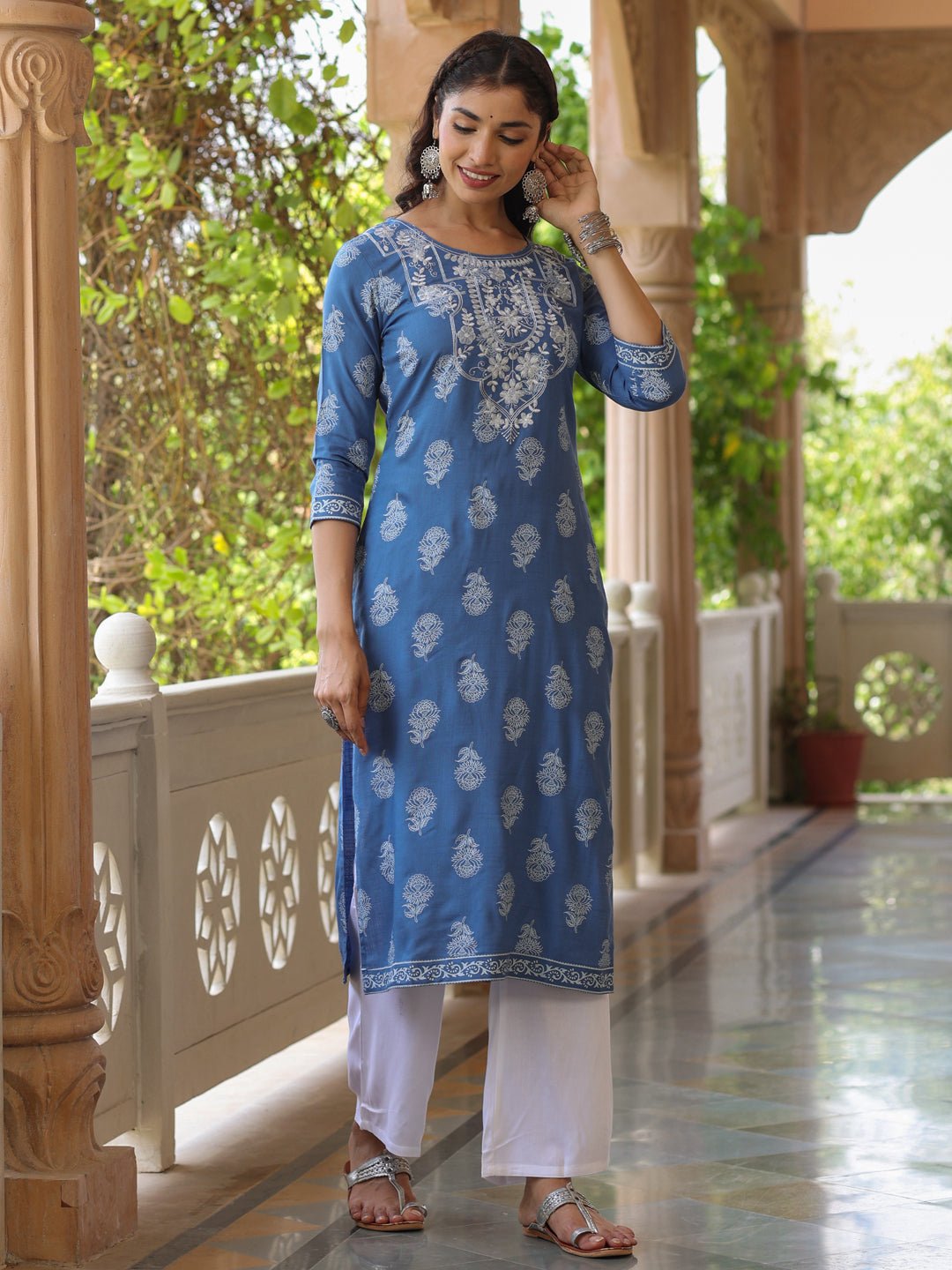 Blue Embroidered Khadi Print Kurta Set - DWEEP SARA