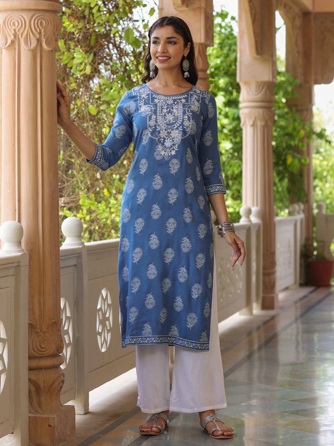 Blue Embroidered Khadi Print Kurta Set - DWEEP SARA