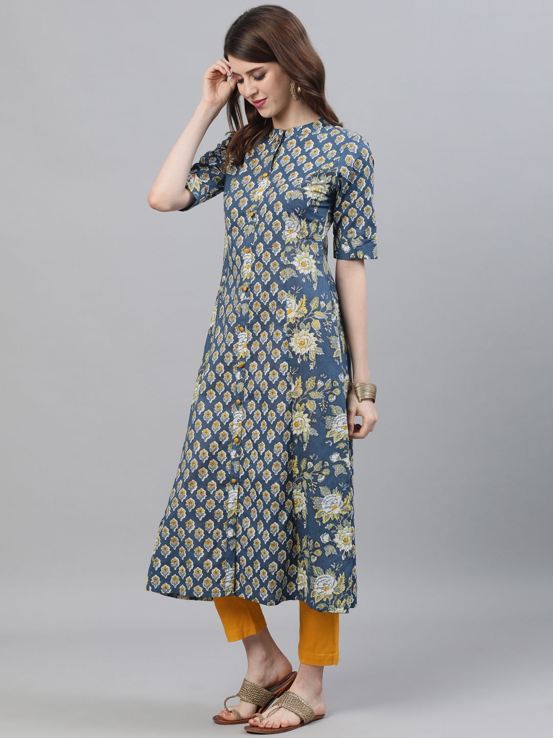 Blue Floral Printed Kurta - DWEEP SARA