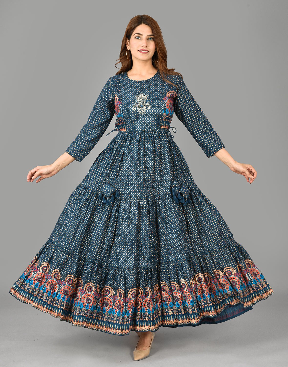 Blue Front Embroidery Ethnic Dress - DWEEP SARA