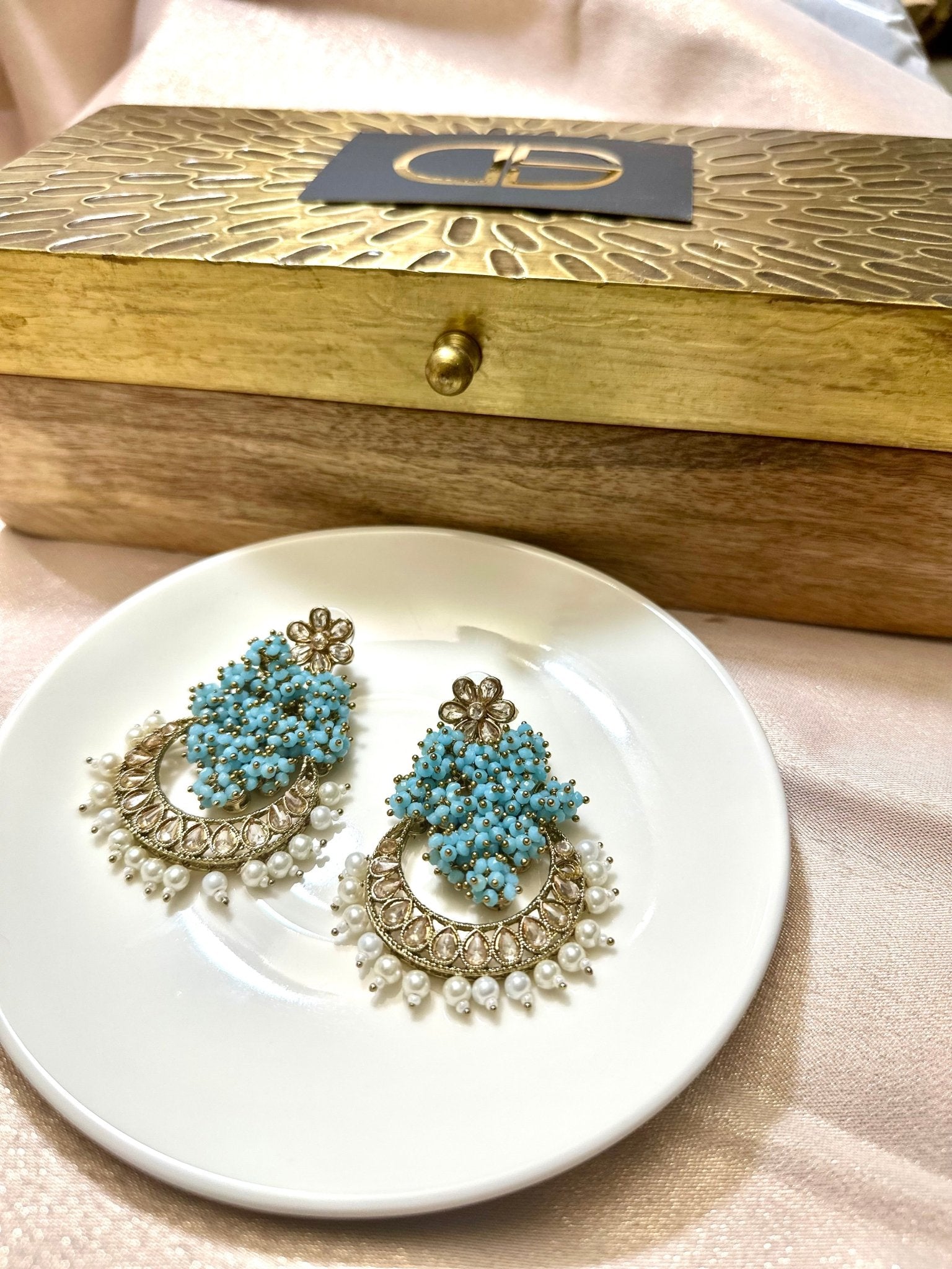 Blue Handcrafted Pearl Stone Kundan Earrings - DWEEP SARA