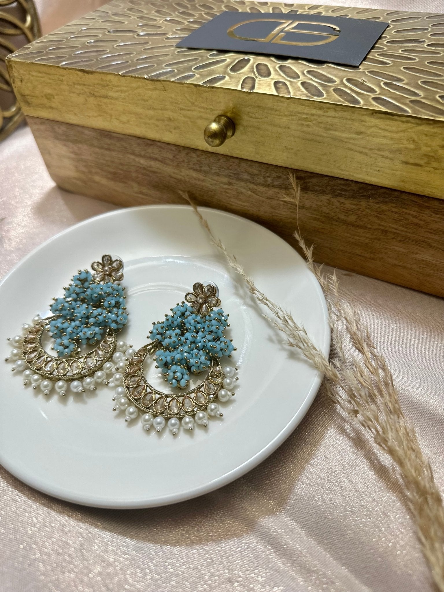 Blue Handcrafted Pearl Stone Kundan Earrings - DWEEP SARA