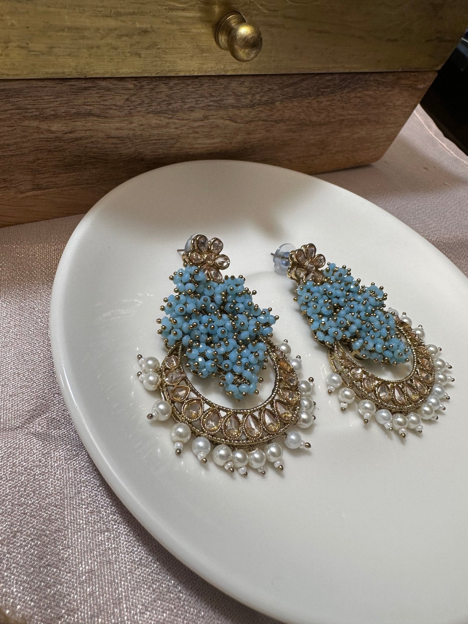 Blue Handcrafted Pearl Stone Kundan Earrings - DWEEP SARA