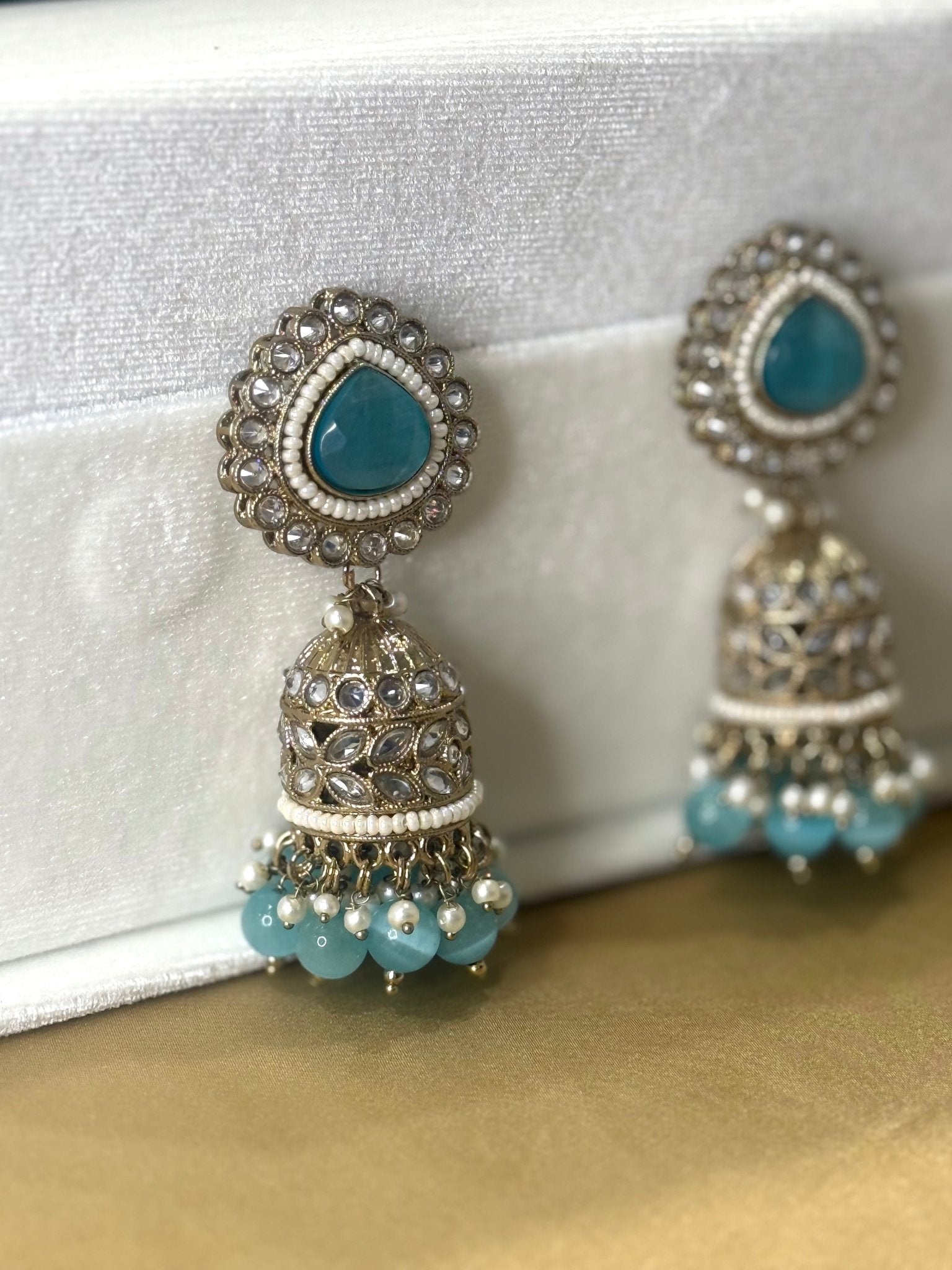 Blue Kundan Stone Pearl Jhumki Earrings - DWEEP SARA