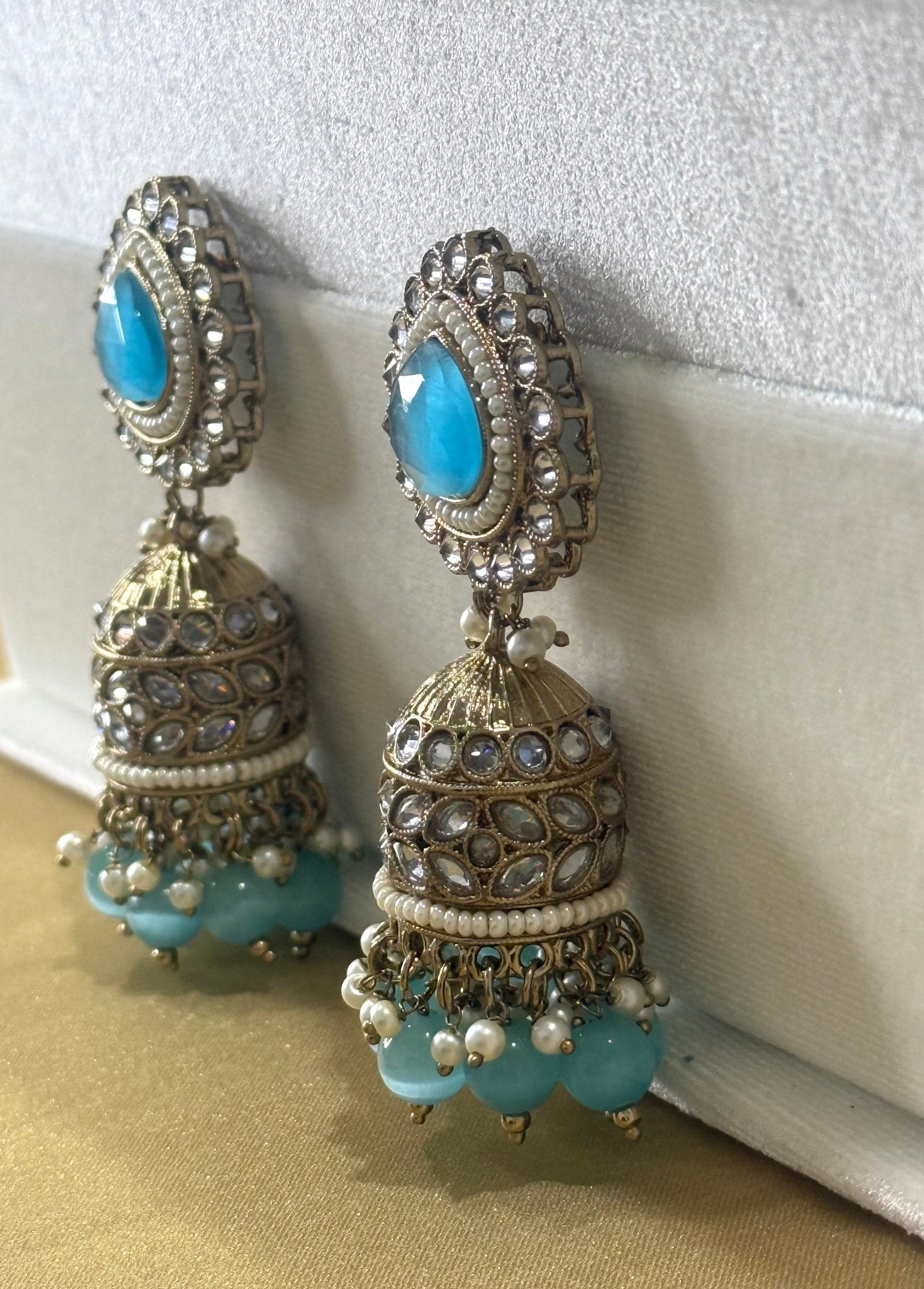 Blue Kundan Stone Pearl Jhumki Earrings - DWEEP SARA