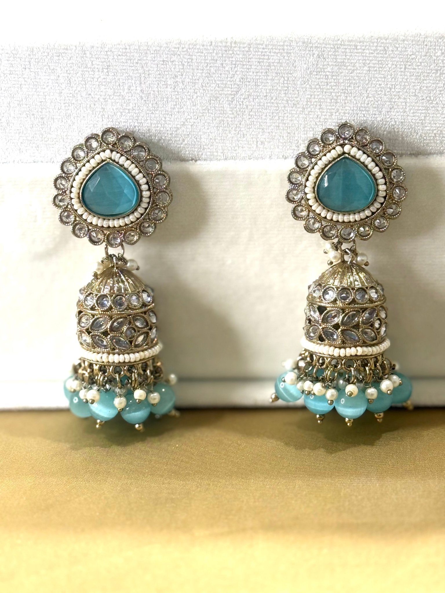 Blue Kundan Stone Pearl Jhumki Earrings - DWEEP SARA