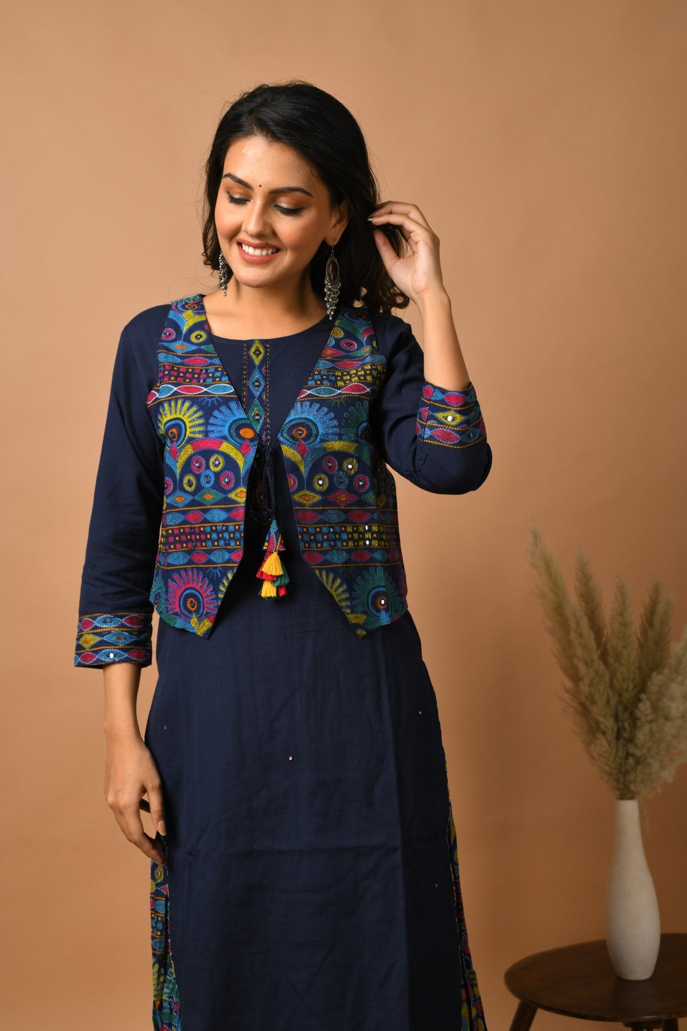 BLUE KUTCH WORK JACKET KURTA SKIRT SET - DWEEP SARA