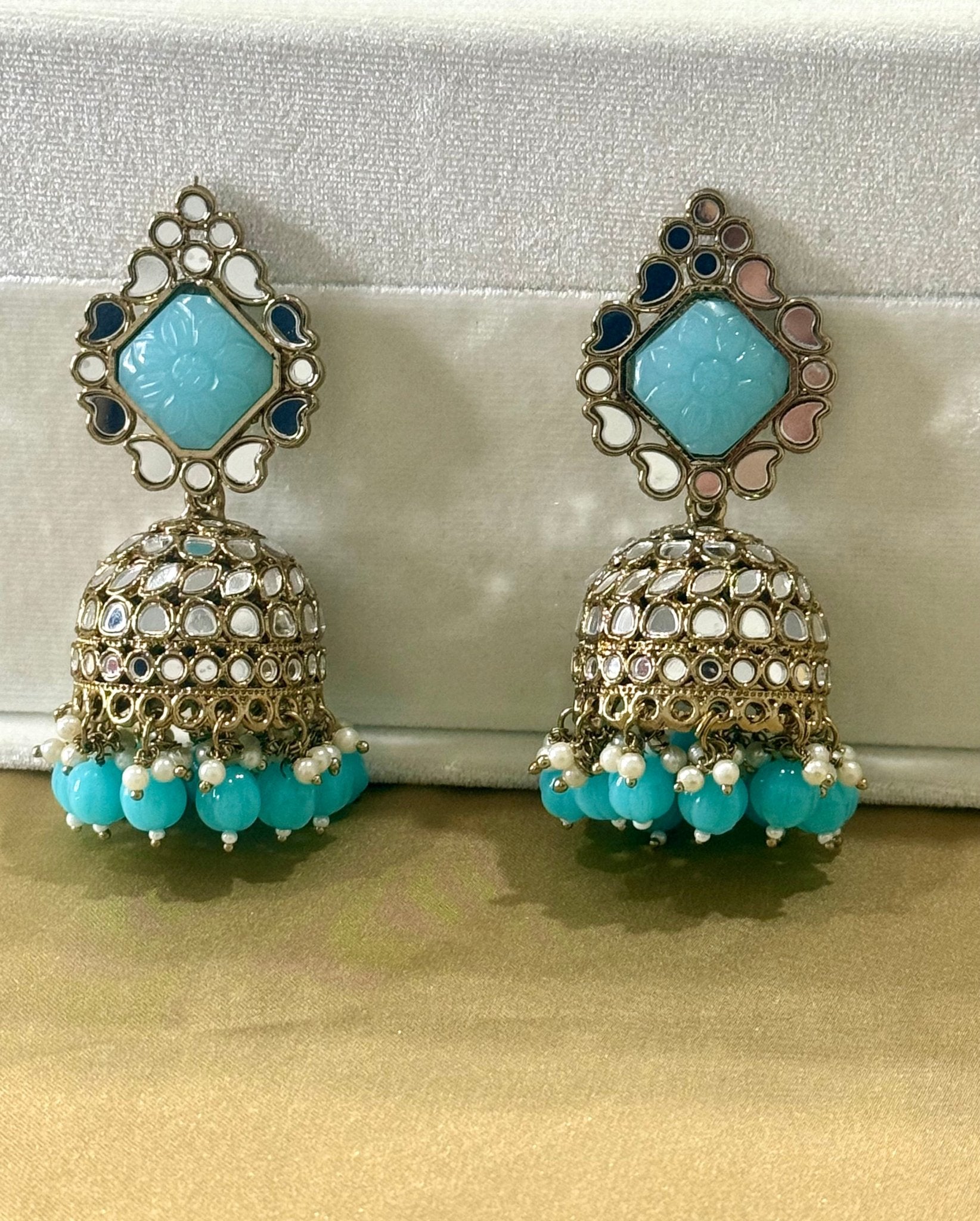 Blue Stone Mirror Pearl Jhumki Earrings - DWEEP SARA
