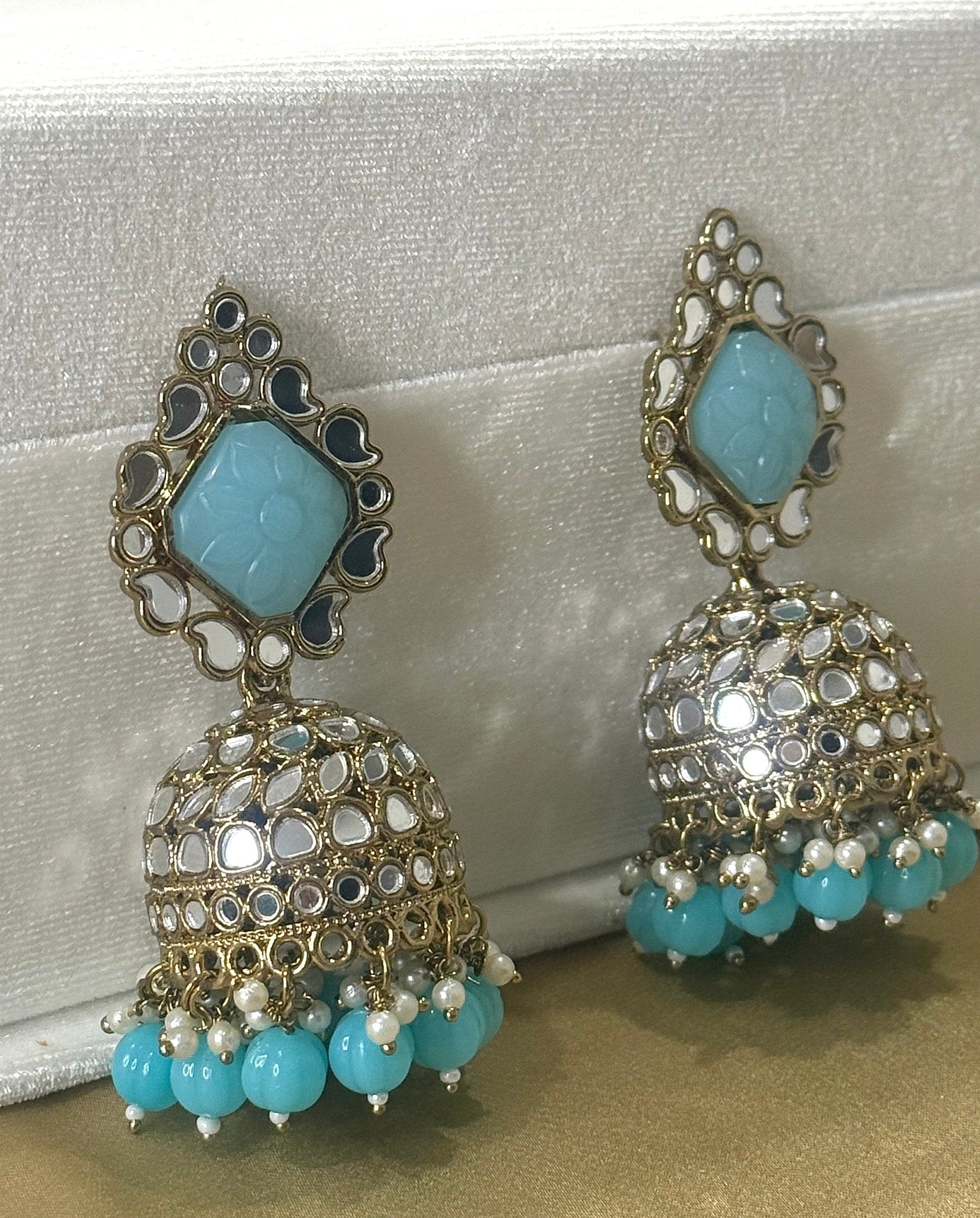 Blue Stone Mirror Pearl Jhumki Earrings - DWEEP SARA