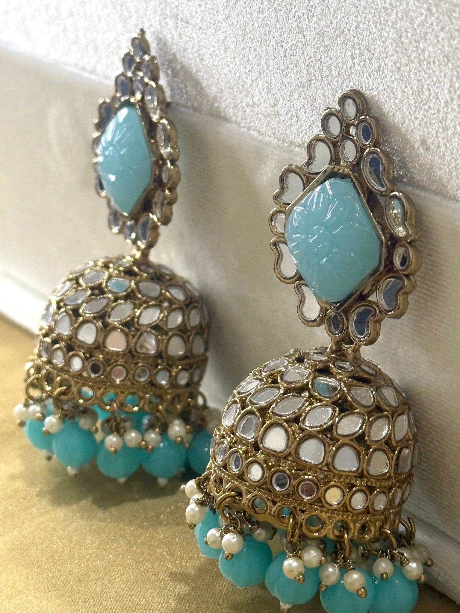 Blue Stone Mirror Pearl Jhumki Earrings - DWEEP SARA