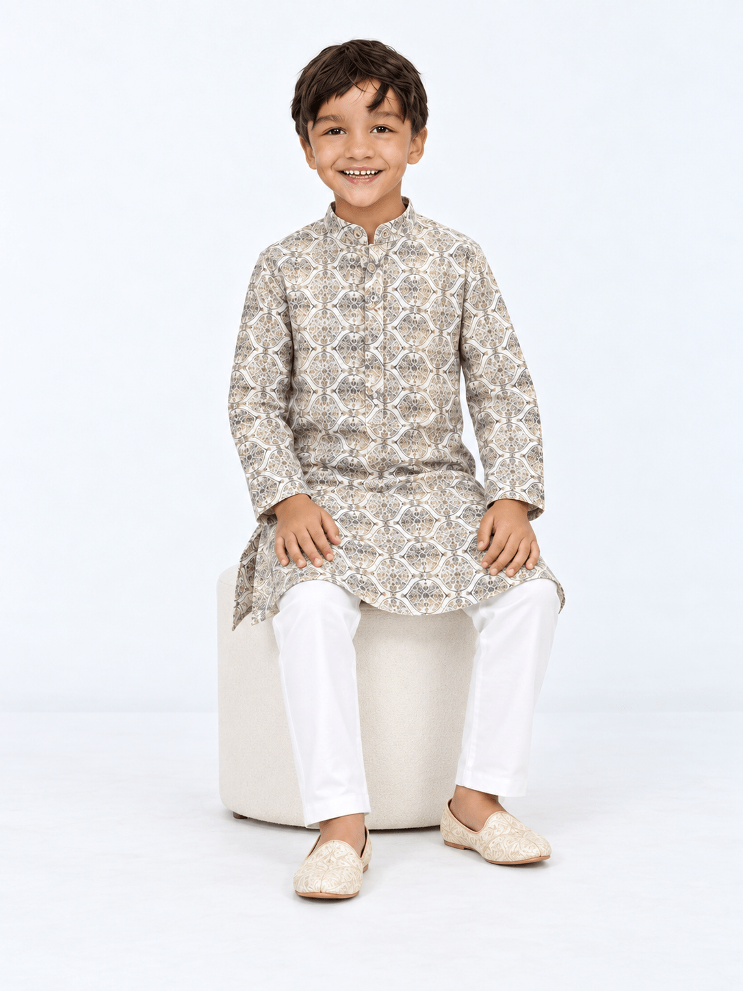 Boys’ Ivory Medallion Printed Embroidered Kurta & Straight Pant Set - DWEEP SARA