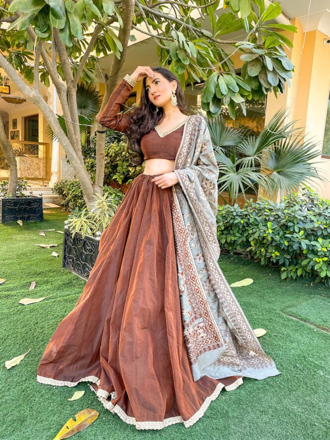 Brown Chanderi Lehenga Set - DWEEP SARA