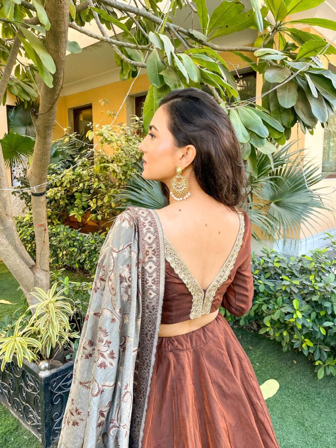 Brown Chanderi Lehenga Set - DWEEP SARA